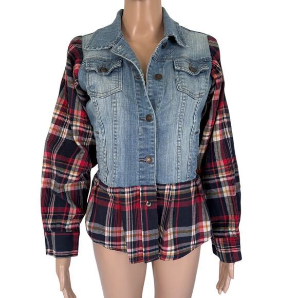 Upcycled Denim Plaid Jacket Star Patch Grunge Western Boho Fall Layer S Rustic - Picture 2 of 7